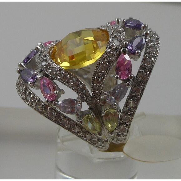 Vintage 1990's CZ Cocktail Statement Ring Simulated Canary Diamond Pink Sapphire - Picture 9 of 9
